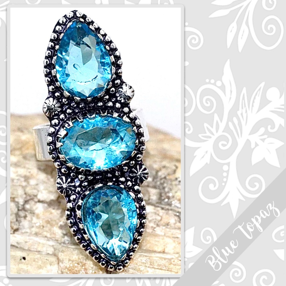 Blue Topaz Large Southwest-Style Silver Artisan Ring, 8.5 Turquoise / Aqua Blue